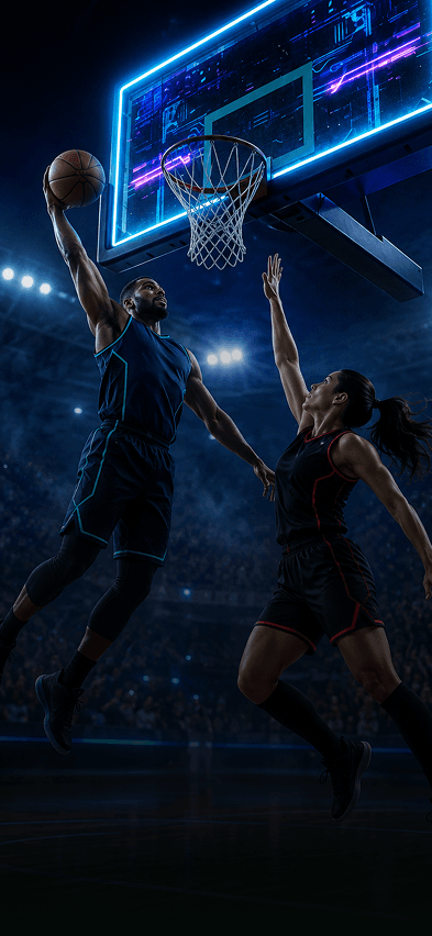 Basketball player driving to the rim for a dunk