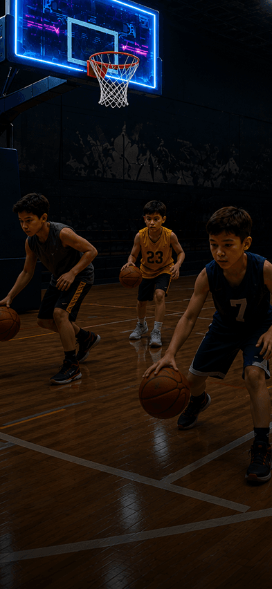 Youth basketball players dribbling during a Hoops Engine training session