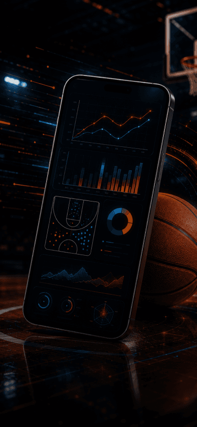 Hoops Engine app showing shooting charts and performance trends